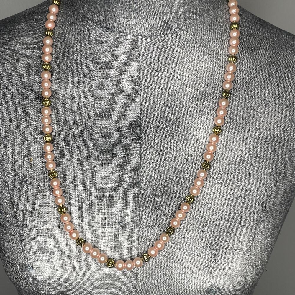 Faux pink pearls in told tone setting necklace costume jewelry